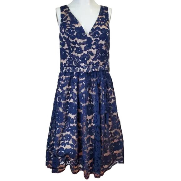 NWT Eliza J Navy Lace Illusion dress Fit & Flare Belted Cocktail sleeveless Sz 4 - Picture 1 of 16